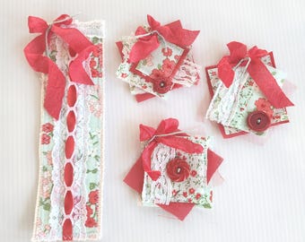 Fabric Bookmark and Snippet Cluster Set, Floral Lace Junk Journal Ephemera, Handmade Embellishment Pack