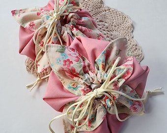 Small Pink and Cream Reusable Gift Bag, Origami Bag, Petal Pouch