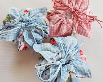 Light Blue or Pink Floral and Gingham Mini Petal Pouch, Reusable Fabric Gift Bag