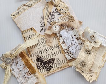 Vintage Sheet Music Pocket with Paper and Fabric Ephemera