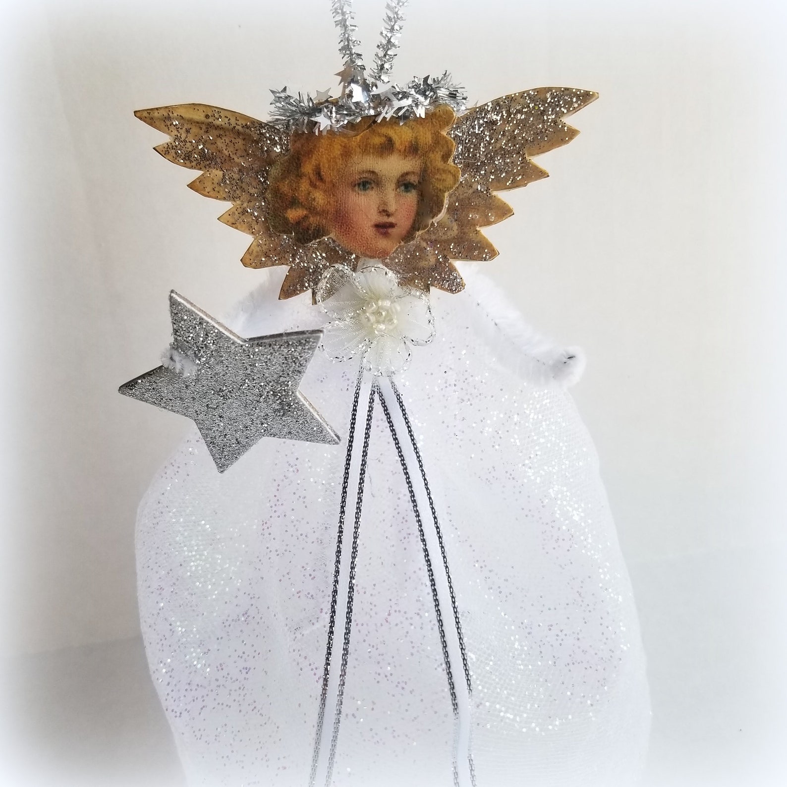 Vintage Inspired Pipe Cleaner Angel Ornament White and Silver Etsy