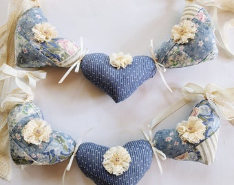Shabby Heart Garland, Shabby Wall Decor, Horizontal Hanging Hearts, Blue and Cream Home Decor