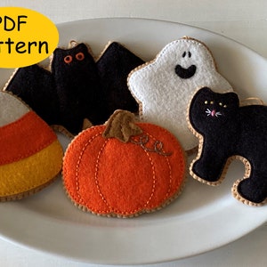 PDF PATTERN Halloween Ornaments Felt Play Cookies, Bat, Cat, Ghost, Pumpkin, Candy Corn Halloween Decorations image 1