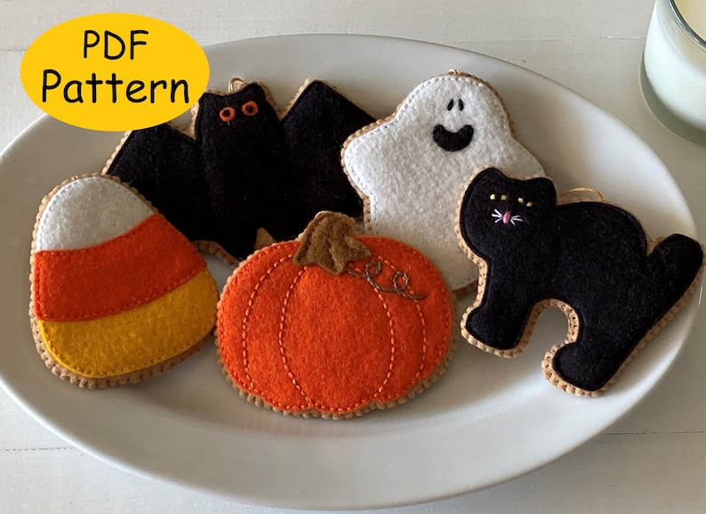 PDF PATTERN Halloween Ornaments Felt Play Cookies, Bat, Cat, Ghost, Pumpkin, Candy Corn Halloween Decorations image 1