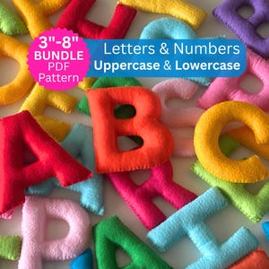 May include: A collection of colourful felt letters and numbers in various sizes, including a pink circular badge with the text 3-8 inch BUNDLE PDF Pattern and a blue rectangular label with the text Letters & Numbers Uppercase & Lowercase.