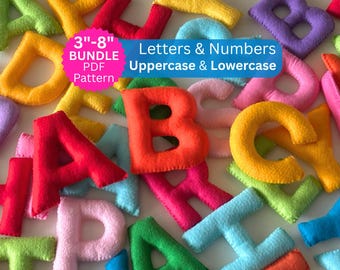 May include: A collection of colorful felt letters and numbers in various sizes, including a pink circular badge with the text 3-8 inch BUNDLE PDF Pattern and a blue rectangular label with the text Letters & Numbers Uppercase & Lowercase.