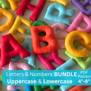 Puede incluir: Un surtido colorido de letras de fieltro en varios colores, incluyendo rojo, amarillo, azul y rosa. La imagen también incluye una pancarta turquesa con el texto "Letters & Numbers BUNDLE PDF Pattern Uppercase & Lowercase 10-20cm".