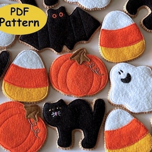 Halloween felt Ornaments sewing PATTERN, Bat, Cat, Ghost, Pumpkin, Candy Corn play cookies pdf