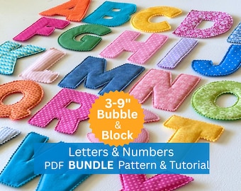 Paquete de patrones de letras y números de tela, fuentes de bloques y burbujas, pdf de 3" a 9".