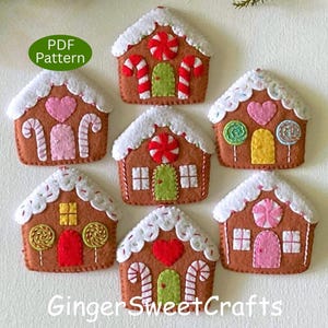 May include: Seven felt gingerbread house ornaments featuring white icing roofs, candy canes, hearts, and lollipops in various colors. A green oval badge with the text PDF Pattern is visible, and the text GingerSweetCrafts is at the bottom.