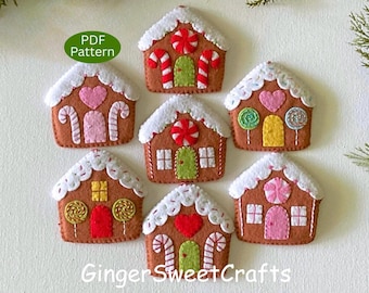 Puede incluir: Siete adornos de fieltro con forma de casa de jengibre, con techos de glaseado blanco, bastones de caramelo, corazones y piruletas de colores. Se ve una insignia verde con el texto PDF Pattern y el texto GingerSweetCrafts en la parte inferior.