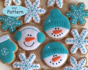 PDF Felt Ornaments PATTERN, Christmas Snowman, Snowflake handsewn decorations