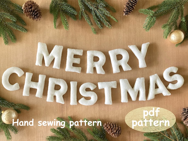 pdf felt Christmas garland PATTERN, Merry Christmas hand sewn stuffed letters, 4 uppercase image 1