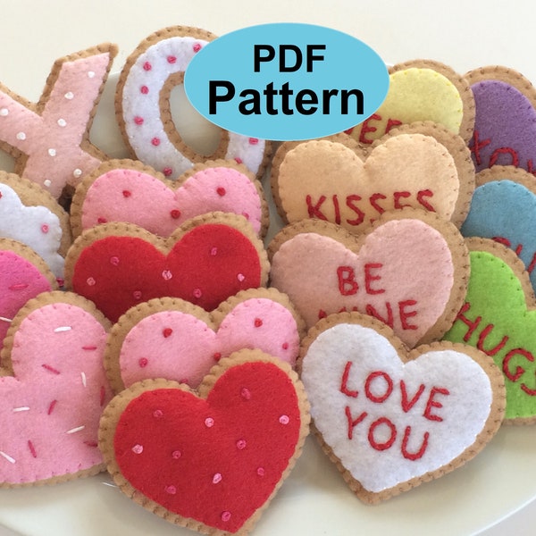 Pattern Felt Valentine Cookie Ornaments, Conversation Hearts DIY Garland, Play Cookies, Valentine Decor