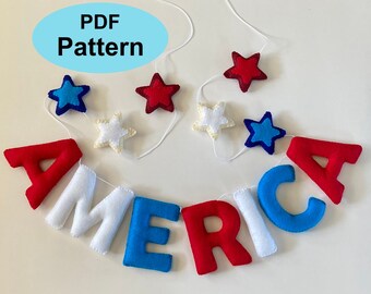 PATTERN feutre star America guirlande, décoration du 4 juillet, lettres de l'alphabet pour la couture à la main, Anniversaire, Pâques, guirlande de Noël