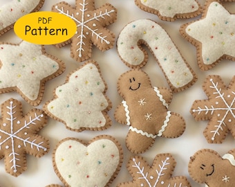 Patron PDF pour décorations de Noël en feutre de pain d'épice - Modèle numérique Téléchargement instantané Décorations de biscuits de Noël en feutre