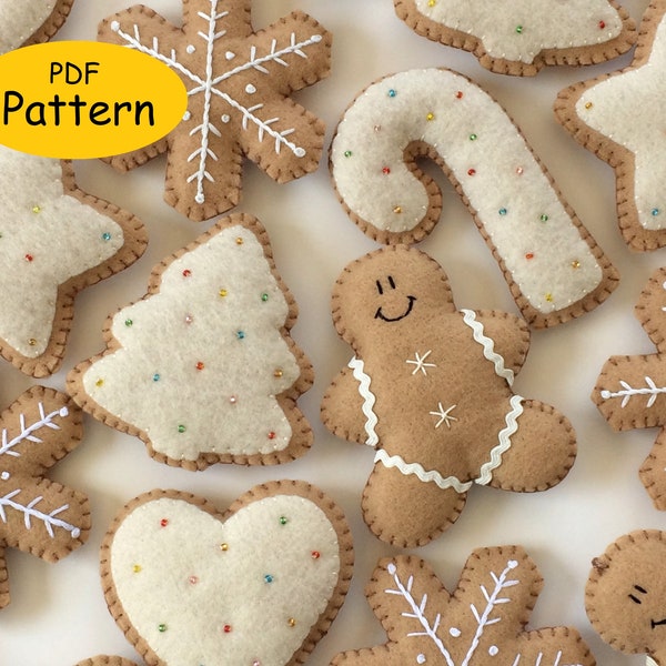 PDF Pattern for Felt Gingerbread Christmas Ornaments  - Digital Pattern Instant download Felt Christmas Cookie Decorations