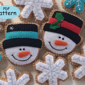 Pattern Top Hat Snowman, Snowflake Felt Christmas decorations pdf for handsewn ornaments, garland