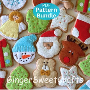 May include: A selection of felt Christmas decorations, featuring a snowman, Santa Claus, a reindeer, and a Christmas tree. The ornaments are in red, green, white, and blue, with the text "PDF Pattern Bundle".