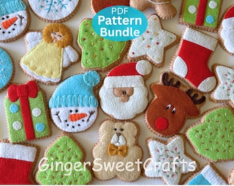May include: A collection of felt Christmas ornaments featuring a snowman, Santa Claus, a reindeer, a teddy bear, an angel, stars, stockings, and gift boxes. The items are decorated with embroidery and stitching. Text reads PDF Pattern Bundle.