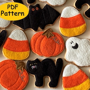 PDF PATTERN Halloween Ornaments Felt Play Cookies, Bat, Cat, Ghost, Pumpkin, Candy Corn Halloween Decorations