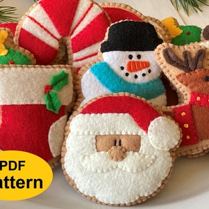 Christmas Ornaments Felt Pattern - Christmas Cookies - Christmas Decorations - Santa, Reindeer, Snowman, Stocking, Candy Cane, Tree Ornament