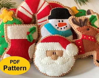Pattern Christmas Cookie felt Ornament tree decorations - Santa, Reindeer, Snowman, Stocking, Candy Cane, Tree