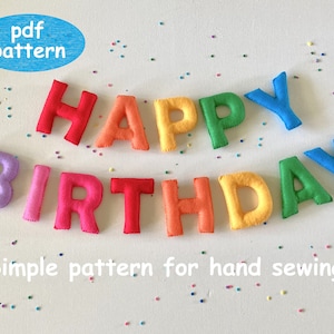 Patrón en PDF de guirnalda de cumpleaños de fieltro, decoración de cumpleaños con letras rellenas cosidas a mano "Feliz cumpleaños"