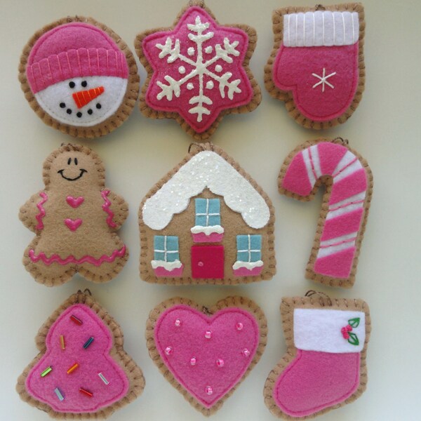 Set of 9 Pink Cookie Ornaments-Mini Tree Ornament set-Pink Christmas Ornaments-Pink Ornaments-Small Tree Ornaments-Pink Holiday Ornaments