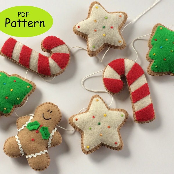 Filz-Weihnachtsgirlande MUSTER, handgenähte Ornamente, Feiertagsdekoration, Lebkuchenplätzchen
