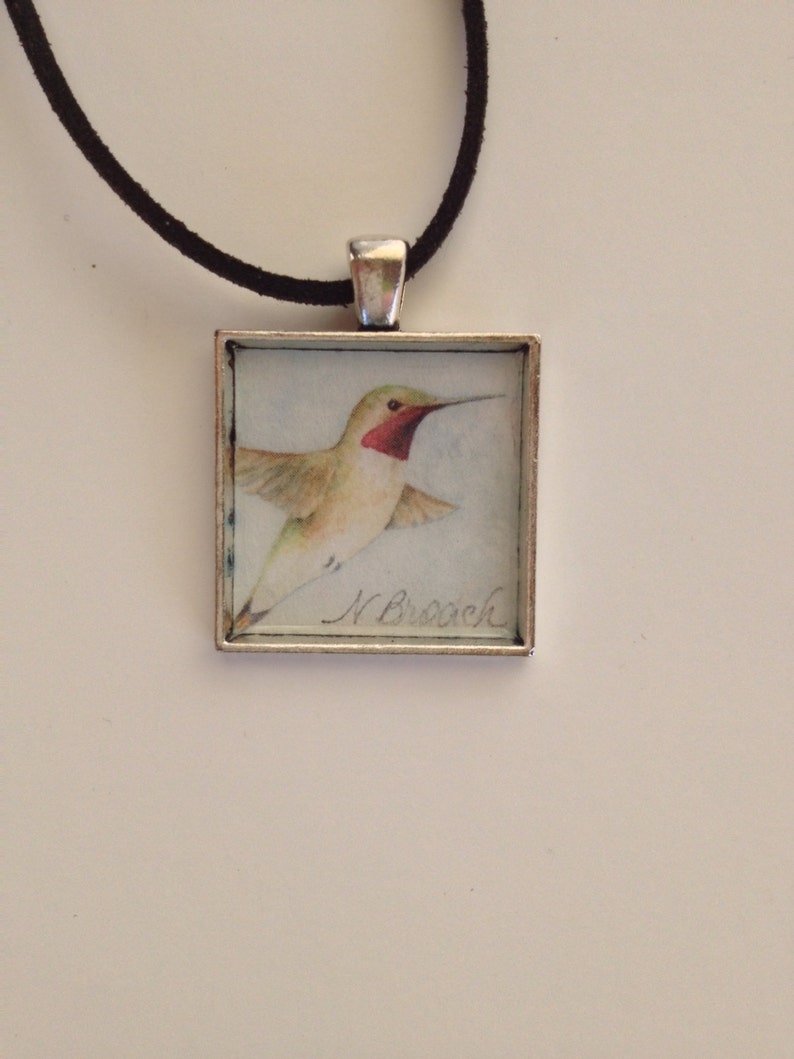 Hummingbird Pendant Handmade with Watercolor Art Print image 2