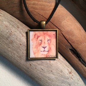 lion necklace handmade with watercolor art print