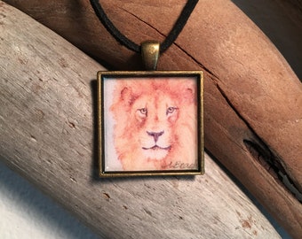 lion necklace handmade with watercolor art print