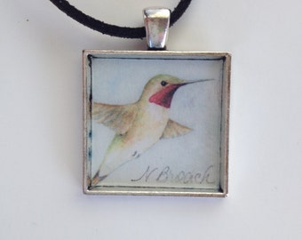 Hummingbird Pendant Handmade with Watercolor Art Print