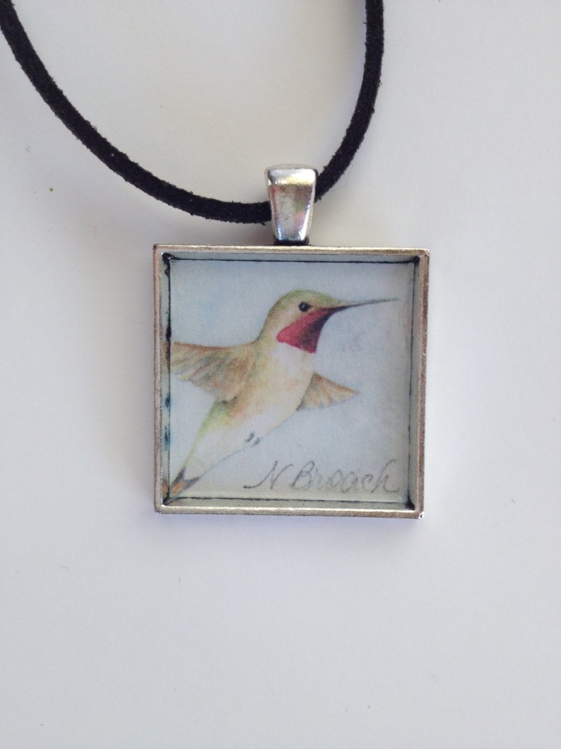 Hummingbird Pendant Handmade with Watercolor Art Print image 1