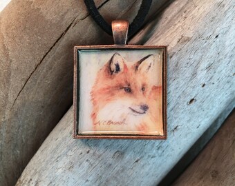 Red Fox Pendant or Key Ring, Handmade with Watercolor Art Print