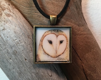 Barn Owl pendant or keyring handmade with watercolor art print