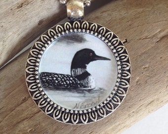 Loon Necklace Handmade with Watercolor Art Print in Pendant