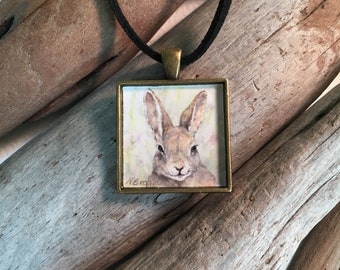 Bunny Rabbit Handmade Art Print Pendant with Necklace