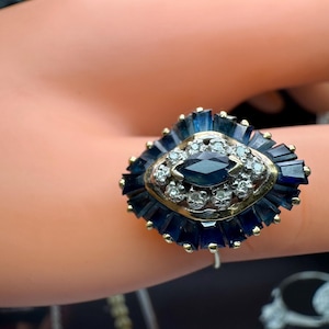 Vintage 14K Yellow Gold Sapphire Diamond Statement Ring - Size 6.25