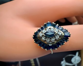 Anillo vintage de oro amarillo de 14 quilates con zafiro y diamante - Talla 6,25