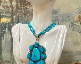 Vintage Navajo Turquoise Pendant Necklace, Sterling Silver, Signed L.Y.