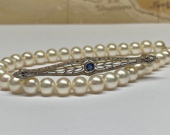 Art Deco 14K White And Yellow  Gold  Filigree Sapphire Bar Brooch/Pin