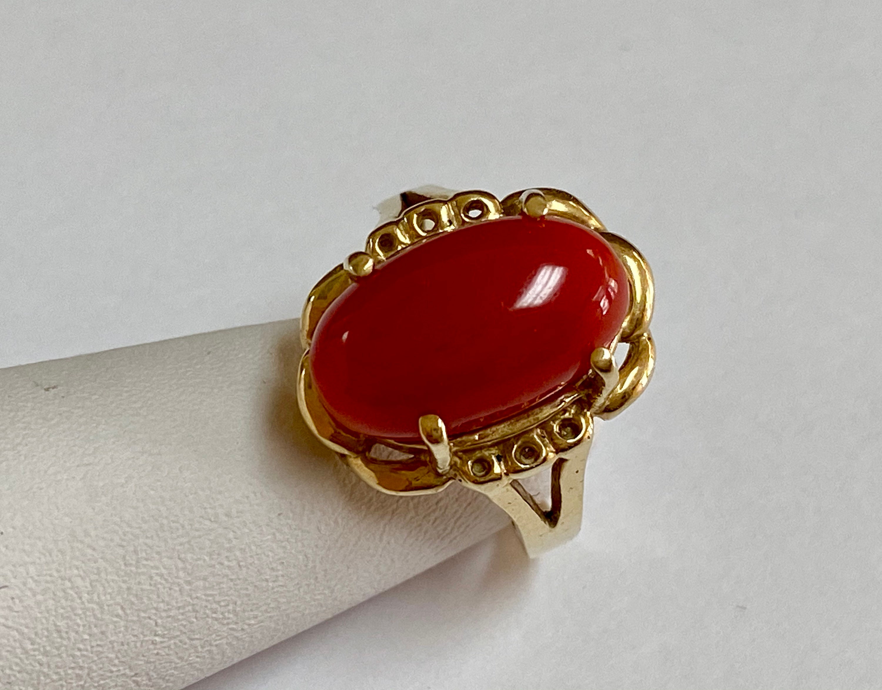 Anillo de oro amarillo macizo de 14 quilates y coral rojo natural con cabujon Etsy Mexico