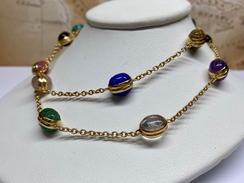 14K Yellow Gold Chain And Multi Color Stone Station 24" Necklace image 2