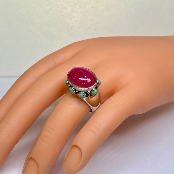 Vintage Sterling Silver Domed Cocktail Ring: Raspberry Red Cabochon, Turquoise Accents