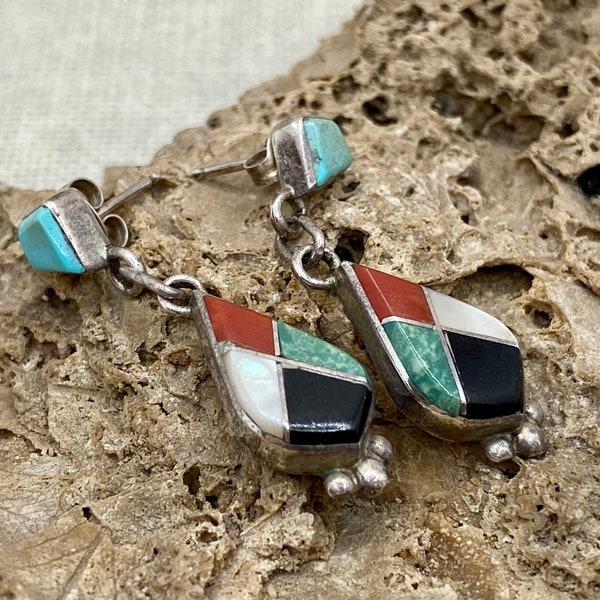 Vintage Sterling Silver  Native American Signed ECS Zuni Inlay Multi Stone Turquoise , Red Coral, Black Onyx, MOP Drop Earring