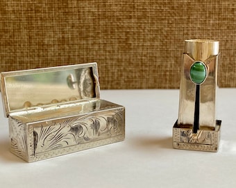 Art Deco 800 Silver Cosmetic Lipstick Holder And Mirror Case With  Small  Green Malachite Cabochon Stone