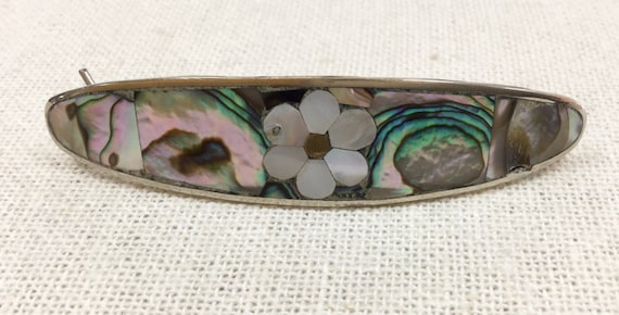 Vintage Mexico Alpaca Silver Mother of Pearl Inlay Daisy Hair Clip Mexican Shell Hair Clip, Mother of Pearl Hair Barrette  main image 3