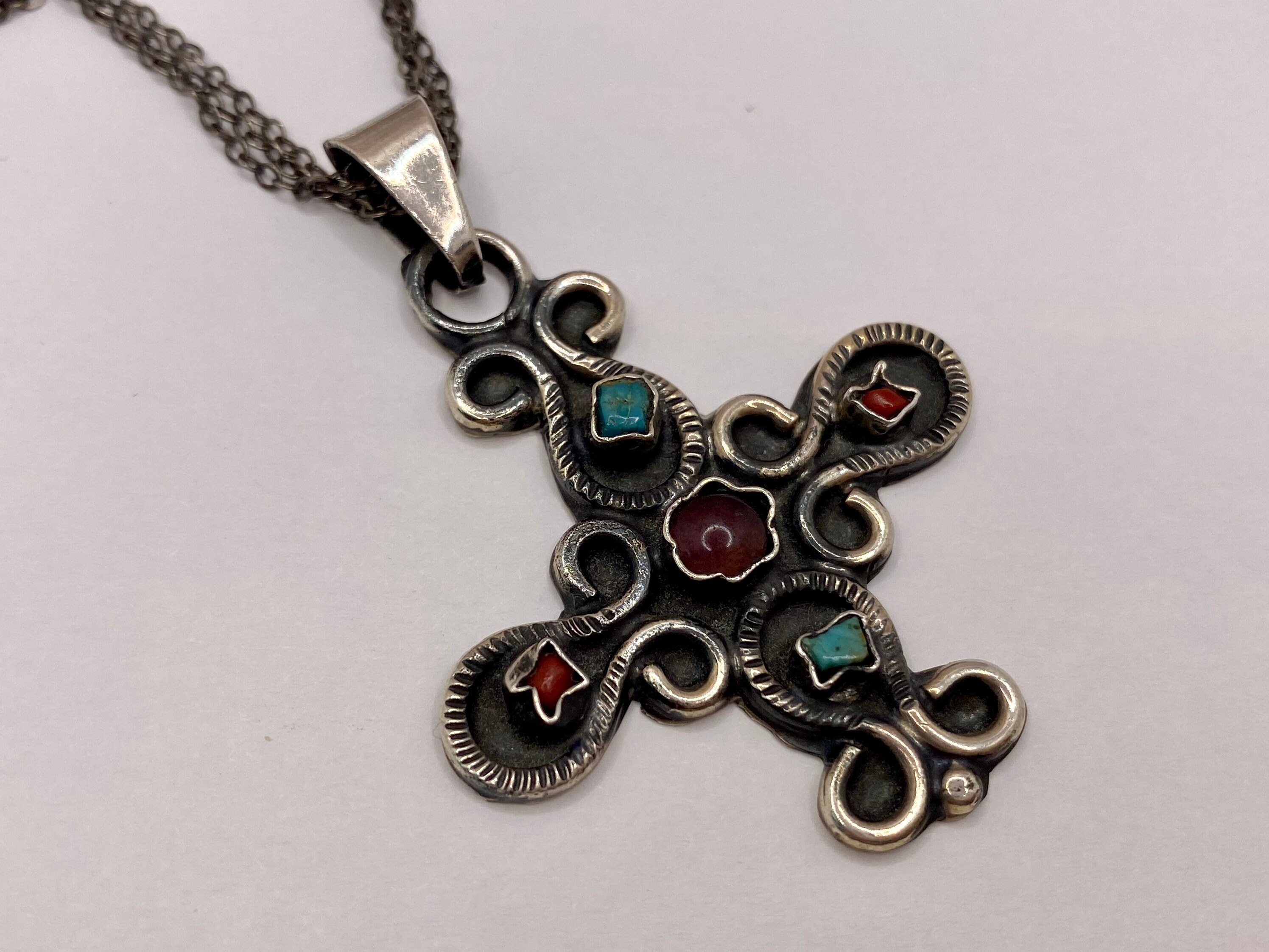 Vintage 925 Mexico Sterling Silver Multi Color Stone Cross